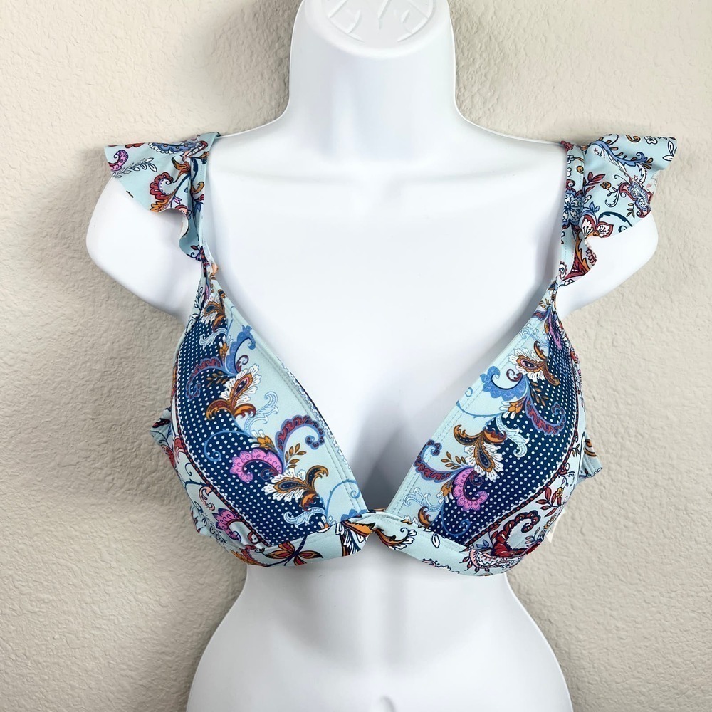 Reaction Kenneth Cole Bikini Top Women's Size 36 B/C Blue Ruffle Paisley Swim